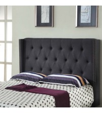 Milano Solid Wood Charcoal Queen Linen Fabric Upholstery Studded Buttons Tuffted Headboard with Wings